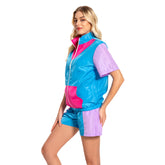 Retro 80s 2 Piece Blue and Purple Colorblocked Short Sleeve Sportwear Set For Adult Women Cosplay Costume Outfits Halloween Carnival Suit